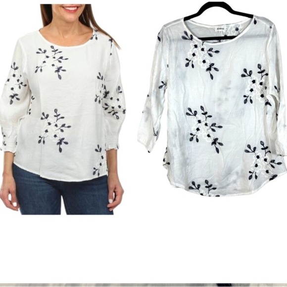 Kindred Tops - Kindred White Navy Floral Embroidered Gauzy 3/4 Sleeve Blouse Size XL
